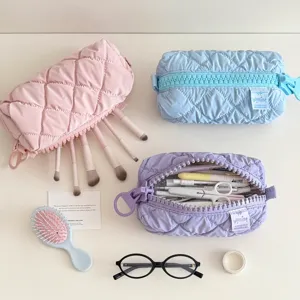 Minimalist solid color large zipper pencil pouch, cute portable makeup storage bag for students.