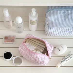 Cute striped cosmetic bag large capacity makeup pouch aesthetic pencil case with embroidery bow