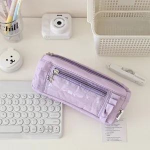 Aesthetic lavender pencil case with cute ruffles, transparent pocket, and star zipper.