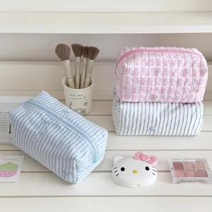 Cute striped and checkered cosmetic pouch, large capacity canvas pencil case with cute bow design.