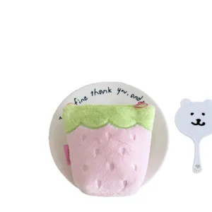 Pink plush strawberry pencil pouch cute standing stationery storage bag for students