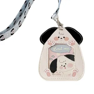 Cute cartoon dog PU card holder with lanyard student ID bus card protective case for school