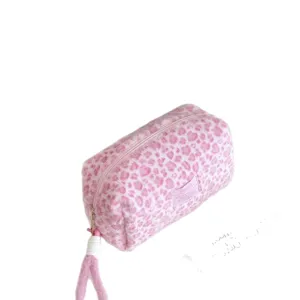 Pink leopard print plush pencil case, cute soft makeup pouch with zipper and wrist strap.