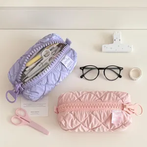 Large capacity quilted pencil case aesthetic makeup pouch cute zipper stationery storage bag