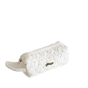 White quilted pencil case with cute grey heart pattern, zipper and portable side handle.
