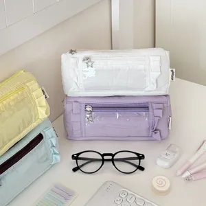 Minimalist Ruffle Pencil Case Large Capacity Stationery Pouch Clear Window Cosmetic Storage Bag For School Students