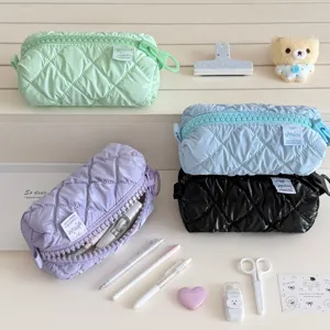 Quilted large zipper pencil pouch, aesthetic stationery and makeup storage bag for students.