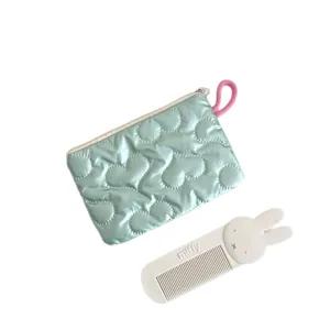Korean ins cute quilted heart makeup pouch and cartoon rabbit hair comb set for daily use.