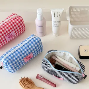Ins style quilted plaid pencil pouch large capacity cute cosmetic bag student stationery organizer