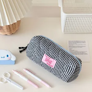 Ins style black and white grid quilted pencil case, large capacity stationery storage bag.