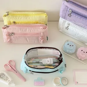 Large capacity canvas pencil case with cute lace trim, multi-compartment stationery pouch.