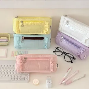Cute aesthetic canvas pencil case with large capacity, multi-layer stationery pouch for students.