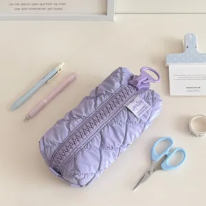 Pastel purple quilted pencil case with oversized zipper, large capacity aesthetic stationery bag.
