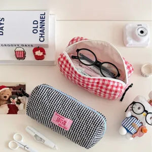 Cute quilted plaid pencil pouch large capacity aesthetic stationery storage bag for students.