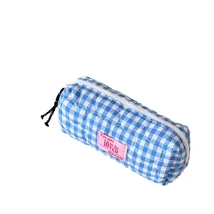 Blue and white gingham quilted pencil case cute stationery storage bag for students school