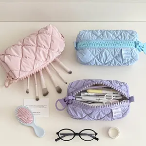 Large zipper quilted pencil bag and cosmetic storage bag, stylish student stationery pouch.