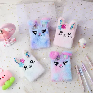 Cute plush bunny notebook detail shot, colorful fluffy mini memo book for girls students.