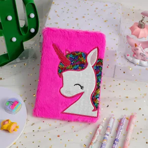 Cute plush unicorn notebook with sequin design, fluffy diary for girls and students daily use.