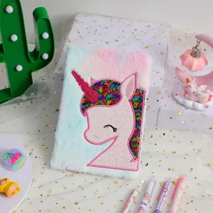 Cute plush unicorn notebook with sequin design, fluffy diary journal for girls and students daily writing.