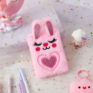Cute fluffy bunny notebook, pink plush diary for kids, mini portable memo notepad.