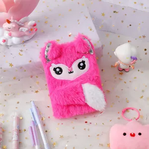 Cute fluffy plush notebook with adorable animal face design, portable mini pocket journal for kids.