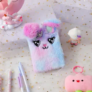 Cute plush bunny notebook for kids, mini portable diary with soft gradient fur and sweet crown.