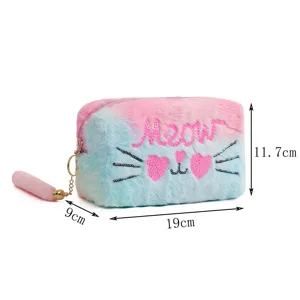 Cute plush pencil case with sparkling sequins cat face design, pink and blue gradient makeup bag.