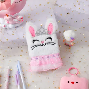 Detailed view of the cute fluffy white bunny plush notebook with pink skirt and sparkling crown.