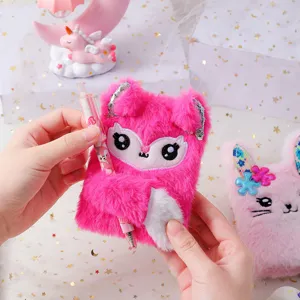 Cute plush notebook for kids girls, fluffy cartoon animal diary with pen, mini portable memo pad.