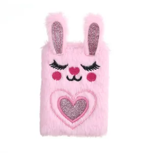 Cute pink plush bunny notebook with fluffy ears and glitter heart embroidery for kids daily use.