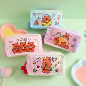 Cute cartoon bear plush pencil case with PVC transparent quicksand window for stationery.