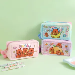 Plush pencil case with cute bear design, clear PVC quicksand window, and spacious storage.