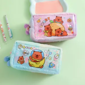 Cute cartoon bear plush pencil case large capacity stationery storage bag with PVC window.
