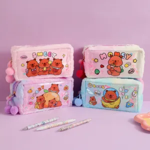 Cute cartoon bear plush PVC quicksand pencil case, large capacity stationery storage bag.