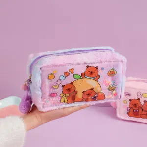 Cute cartoon bear plush pencil case, large capacity kawaii stationery storage bag for kids.