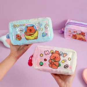 Cute cartoon bear plush pencil case with PVC transparent window and liquid glitter design.