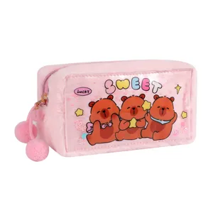 Close-up of cute cartoon bear plush pencil pouch with clear PVC window and fluffy pom-poms.