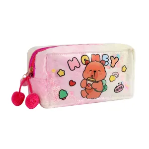 Cute cartoon bear pencil case with plush and clear PVC glitter window, ideal for school stationery.