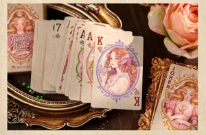 Fantasy Waltz speelkaarten detail, vintage karakter kunst ontwerp, premium papier deck.