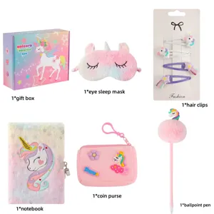 Charming unicorn stationery set detail showing gift box, notebook, pen, purse, and cute hair clips.