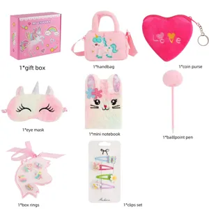 Cute unicorn plush gift set including handbag coin purse notebook pen and hair clips for kids.