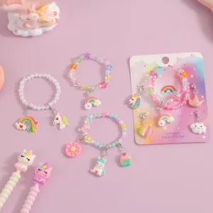 Detailed view of cute unicorn DIY charm bracelet set with colorful beads and sweet pendants.