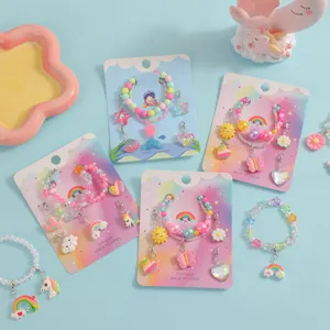 Cute girls DIY unicorn beaded bracelet set with cute cartoon charms, colorful jewelry gift.