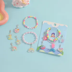 Kids DIY bracelet set children cute cartoon unicorn mermaid pendant pearl beaded jewelry detail