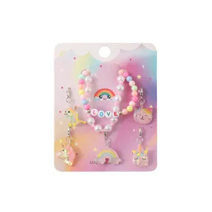 Cute cartoon unicorn DIY bracelet jewelry set for girls with colorful charms and beads detail.