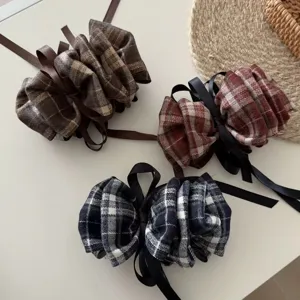Pince Banane Rétro Coréenne à Carreaux avec Nœud et Ruban en Tissu Cloud Hair Claw pour Femme Style Académie Pince Verticale Queue de Cheval Accessoires Cheveux