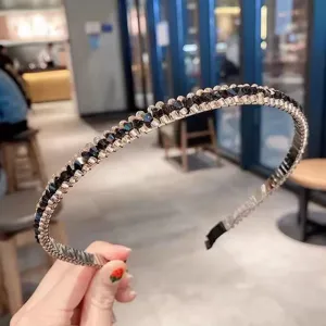 Detail of the sparkling crystal beaded hair hoop, elegant 3-row design for women.