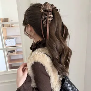 Pince a cheveux carreaux vintage coreenne avec noeud ruban elegante attache queue de cheval