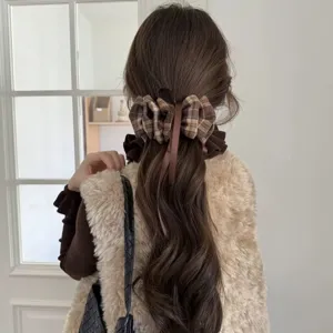 pince à cheveux rétro coréenne à carreaux avec nœud ruban élégant accessoire queue de cheval
