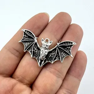 Silver bat charm pendant detail view, perfect for Halloween DIY jewelry making crafts.